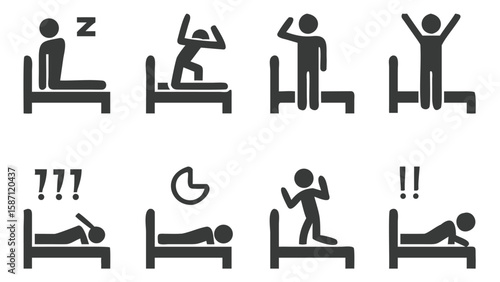 Pictorial Depiction of Human Morning Routines and Bedtime Habits Illustrated with Symbolic Figures and Basic Bedroom Setups