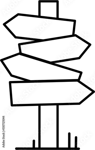 A simple line drawing of a weathered wooden post with four blank directional signs.