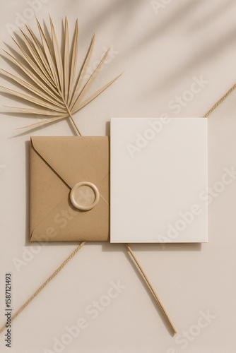 Elegant Paper Composition Featuring Natural Kraft Envelope, Classic Wax Seal, and Botanical Accent