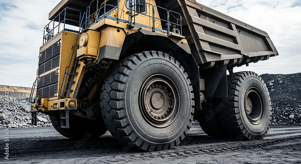 Fototapeta premium An immense yellow dump truck sits on dark gray ground, dwarfing the viewer with its massive size.