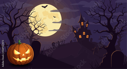 Haunted Night Scene – Full Moon with Spooky Castle and Bats Vector Art