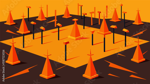 Building foundations are marked out with bright orange stakes giving a sense of organized chaos from above.. Vector illustration