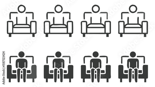 Comfort and Relaxation Icons Person Sitting in Armchair Symbolic Representations of Leisure and Design Elements for Various Applications