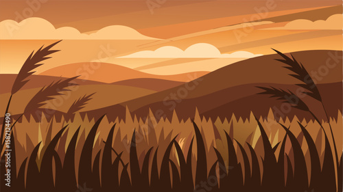 The steppe is a symphony of earthy tones with the tall grasses swaying like an orchestra in the fading light.