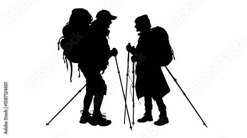 Happy Senior Couple Hiking with Trekking Sticks and Backpacks Silhouette 