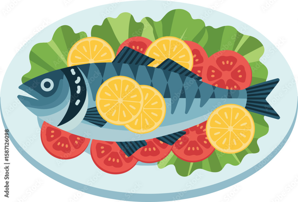Obraz premium Delicious Fish Dish Vector Illustration Fresh Seafood, Salad, Tomatoes, and Lemon Slice Art