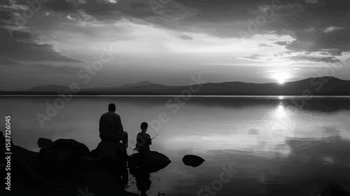 Side View Silhouette of Father and Son Sitting Together