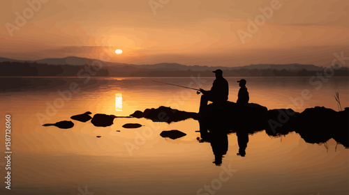 Side View Silhouette of Father and Son Sitting Together