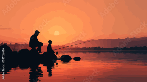 Side View Silhouette of Father and Son Sitting Together
