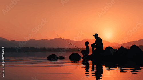 Side View Silhouette of Father and Son Sitting Together