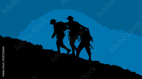 Silhouette of Two Soldiers Helping a Wounded Comrade – Military Support Scene 