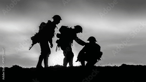 Silhouette of Two Soldiers Helping a Wounded Comrade – Military Support Scene 