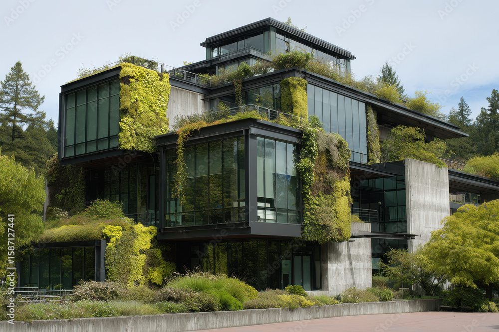 Fototapeta premium contemporary architectural facade showcasing innovative designs featuring homes with green roofs and vertical