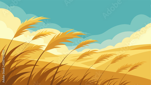 The tall golden grass sways gently in the breeze creating a peaceful and serene atmosphere.