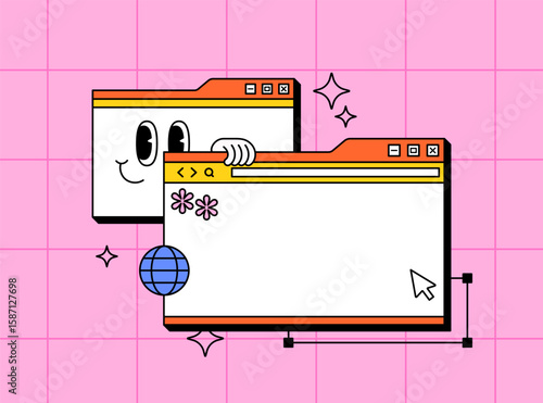 Two browser windows with smiling faces, playful hands, sparkles, and internet icons in cartoon hand drawn illustration for web design, digital communication