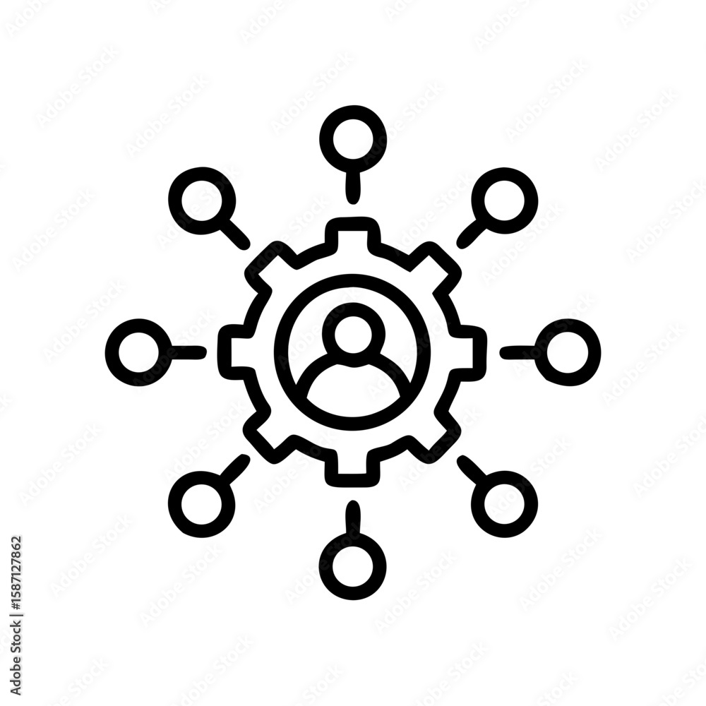 Central human figure is connected to several nodes, showcasing the concept of network or management in minimalist art form. Central human figure is connected to several nodes, showcasing the concept of network or management in minimalist art form.