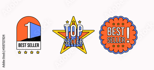 Cartoon style best seller and top seller badges with stars and bold typography. These promotional icons are ideal for marketing materials, e-commerce product highlights, sales banners vector