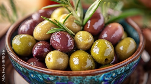 Marinated olives, rosemary garnish, rustic bowl, Mediterranean setting, food photography