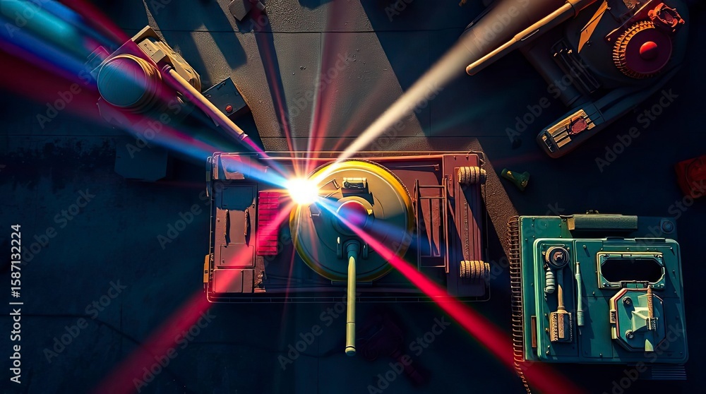 Naklejka premium An overhead bird’s eye view of tank pictures, featuring bright lens flares, light streaks, and vibrant colors, from a top-down perspective