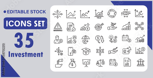 Investment icon set. Containing economy, financial gain, interest investor, mutual fund, asset, risk management, and more. Vector illustration.