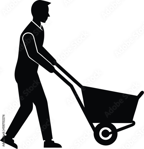 Worker Pushing Wheelbarrow Vector Silhouette