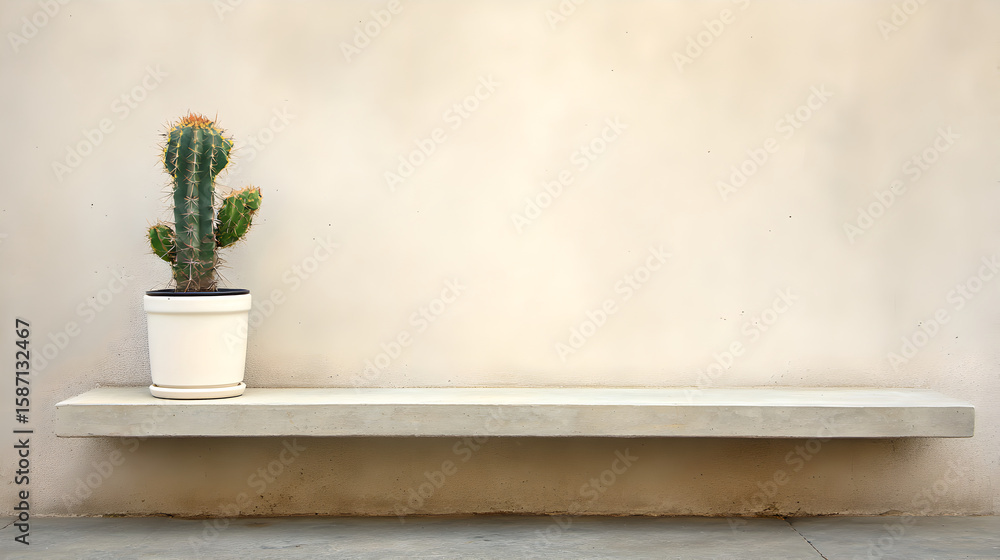 Fototapeta premium A minimalist scene features a tall, green cactus in a white pot, placed on a concrete shelf against a light wall. 