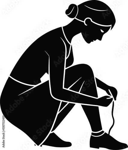 Female Athlete Tying Shoes Vector Silhouette
