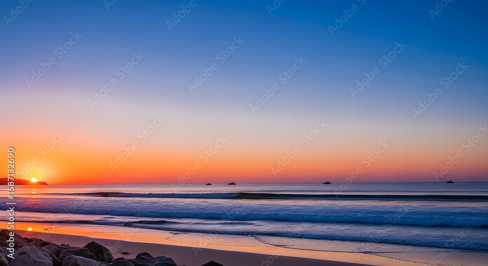 Fototapeta premium Serene Sunrise Seascape Ocean, Beach, and Horizon at Dawn