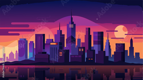 The urban skyline captured at twilight with the city lights coming alive and painting the sky with splashes of color.