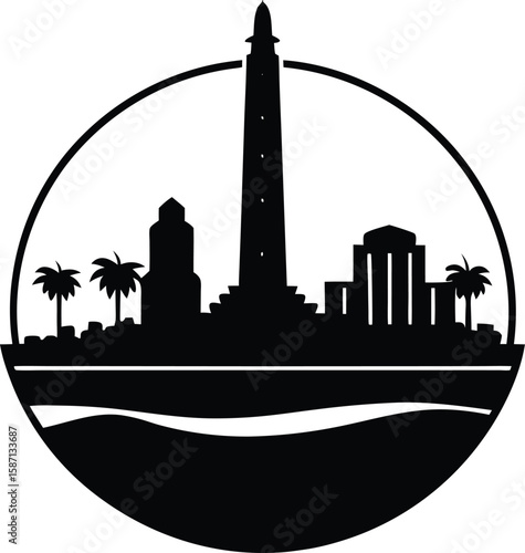 Lighthouse with Palm Trees and Buildings