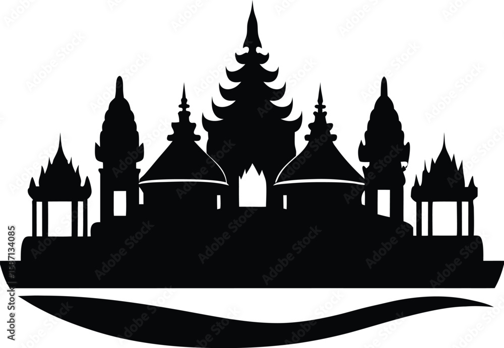 Obraz premium Asian Pagoda Temple Complex Vector Silhouette