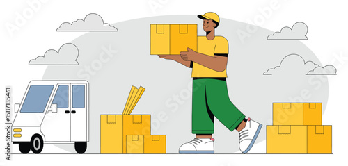 Delivery person carrying packages next to a van with boxes and clouds