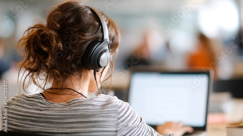 Woman working on laptop with headphones