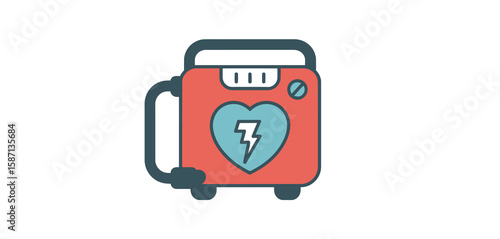 Flat design icon of a portable defibrillator with a heart and lightning bolt symbol