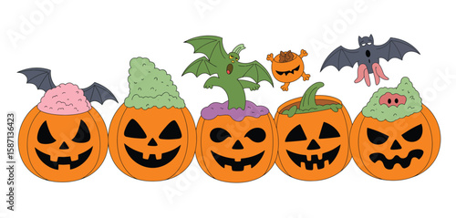 Five carved halloween pumpkins with spooky decorations and cartoon characters