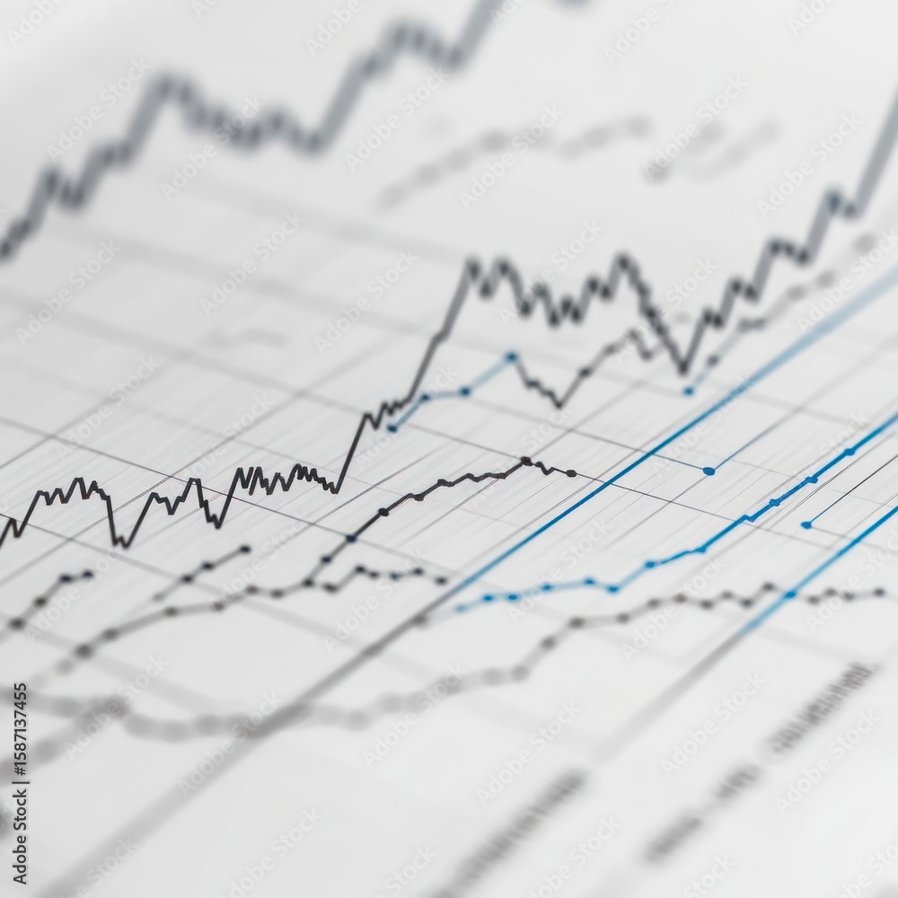 Close up of multiple line graphs on a white grid background showing data trends and market analysis Close up of multiple line graphs on a white grid background showing data trends and market analysis