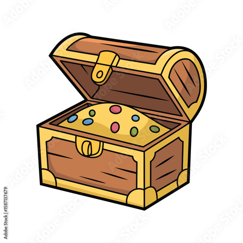 Open cartoon treasure chest filled with gold coins and colorful jewels