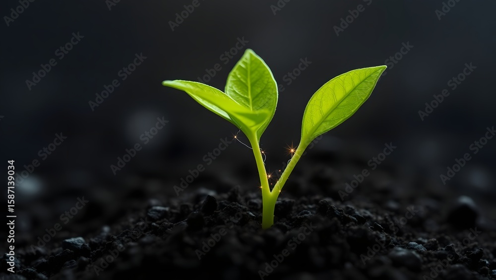 Fototapeta premium A small green plant seedling growing from dark soil against a dark background in a close up view