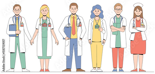 Diverse group of smiling doctors and nurses standing together in a line