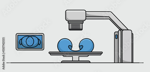 Medical imaging machine scanning a patient on a table with a screen displaying results