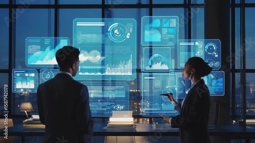 Business professionals collaborate using holographic interface, analyzing data and charts for strategy and growth, inside modern office at night.