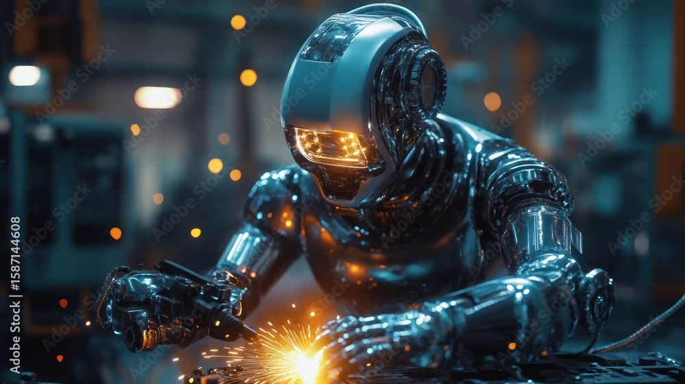 Futuristic robotic worker welds in a factory setting showcasing automation Futuristic robotic worker welds in a factory setting showcasing automation