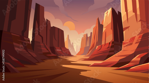 The shadows of towering canyon walls stretch across the dusty floor creating a sense of foreboding and wonder.