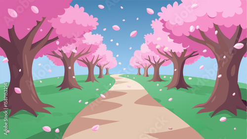 The serene stillness of the cherry blossom grove is interrupted only by the soft rustling of petals as they drift gently to the ground.