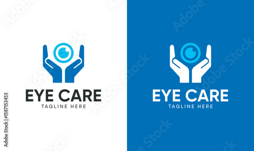 Modern eye care logo design featuring protective hands cradling an eye icon, ideal for ophthalmology, optometry clinics, and vision health branding.