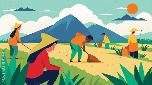 The smell of damp earth and fresh rice fills the air as workers tend to the fields their bright traditional clothing adding a pop of color to the landscape.