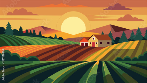 The sun sets over the rolling farmlands casting a golden glow over the neat rows of crops and quaint farmhouses tered throughout the landscape.