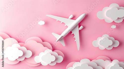 Paper airplanes on a pink sky background, paper-style graphic design, concept of travel and creativity. Generative AI