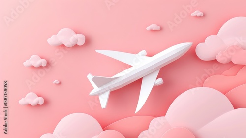 Paper airplanes on a pink sky background, paper-style graphic design, concept of travel and creativity. Generative AI