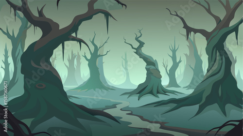 The twisted trunks of the cypress trees loom in the fog their gnarled roots creating an otherworldly landscape.